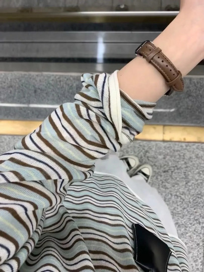 Korean Style Lazy Color-Block Striped Long-Sleeve T-Shirt for Women, Spring and Autumn Chic Ice Silk Thin Sun Protection Air-Conditioning Cover-Up Summer Top