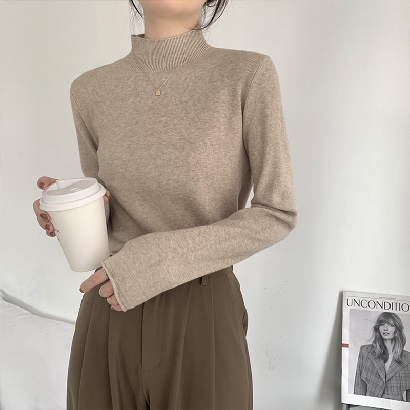 Temperament semi-high collar internal hitch 2023 thickened loose soft glutinous fat mm knit sweater female Korean version with bottom blouses-Taobao