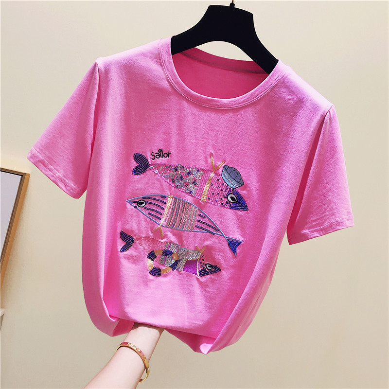 Han edition loose large size pure cotton pink T shirt in 2022 summer new white network red in tide