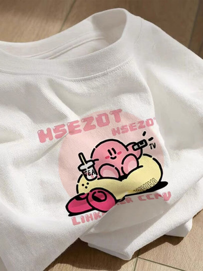 Milky apricot color fun cartoon printed T-shirt for women summer 2025 new Korean style loose and versatile pure cotton short-sleeved top