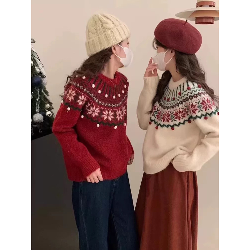 Christmas and New Year Fair Isle Red Sweater for Women, Autumn and Winter Chic Retro Jacquard Top, Atmospheric Thick Knitwear