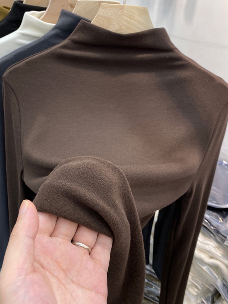 DeRong 早春、秋、冬ハーフハイカラーモダール長袖 T シャツ無地プラスベルベットインナースリム気質レディースボトリングシャツ