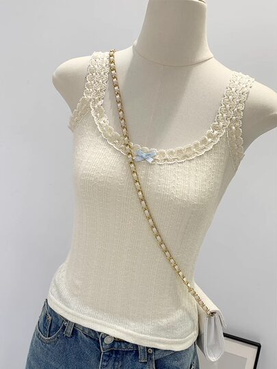 Sweet and Pure Miu-Style Bow-Tie Camisole for Women, Spring and Summer Anti-Exposure U-Neck Vest, Covers Side Breasts, Inner Layer Base Top