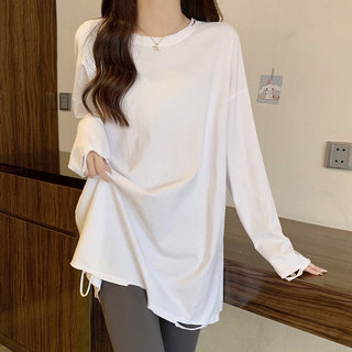 Designed with a Unique Ripped Hem, Basic and Simple, Suitable for Layering in Autumn and Winter, Thickened, Loose-Fitting, Body-Covering, Mid-Length T-Shirt Base Layer