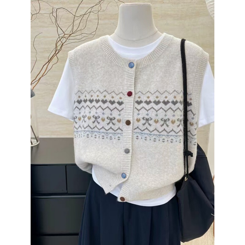 Fair Isle Retro Jacquard Knit Cardigan Layered Vest for Women, New Autumn and Winter Style, Lazy Style Top with Rainbow Buttons Fair Isle Retro Jacquard Knit Cardigan Layered Vest for Women, New Autumn and Winter Style, Lazy Style Top with Rainbow Buttons