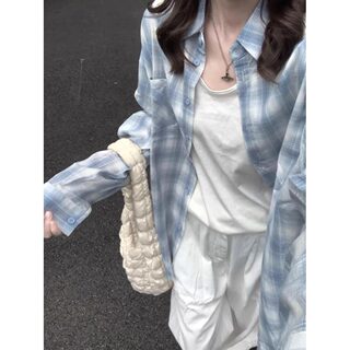 Autumn Age-Reducing Blue Plaid Shirt for Women, Korean Style Lazy Style Shirt, Loose and Versatile, Sun Protection Long-Sleeved Top Jacket
