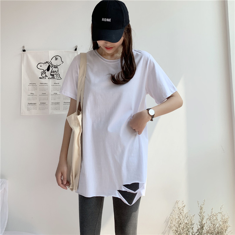 Design Sense Slim Summer with Mid-Long-Edition White T-shirt Short Sleeve and Relax Pure Cotton Cotton Cotton Cotton Couple