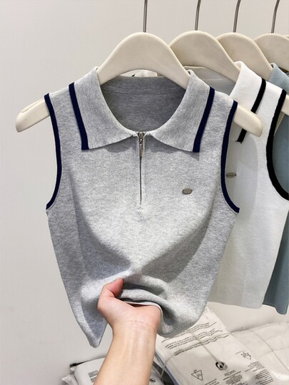 Half-zip polo shirt lapel sleeveless contrasting color knitted vest for women summer fashion high-end short top