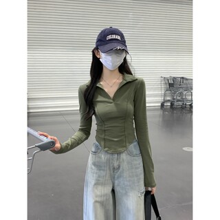 Fishbone Line Polo Collar Regular Shoulder Top for Women 2026 Spring and Autumn Slim Fit Irregular American Style Spicy Girl Long-Sleeve Base T-Shirt