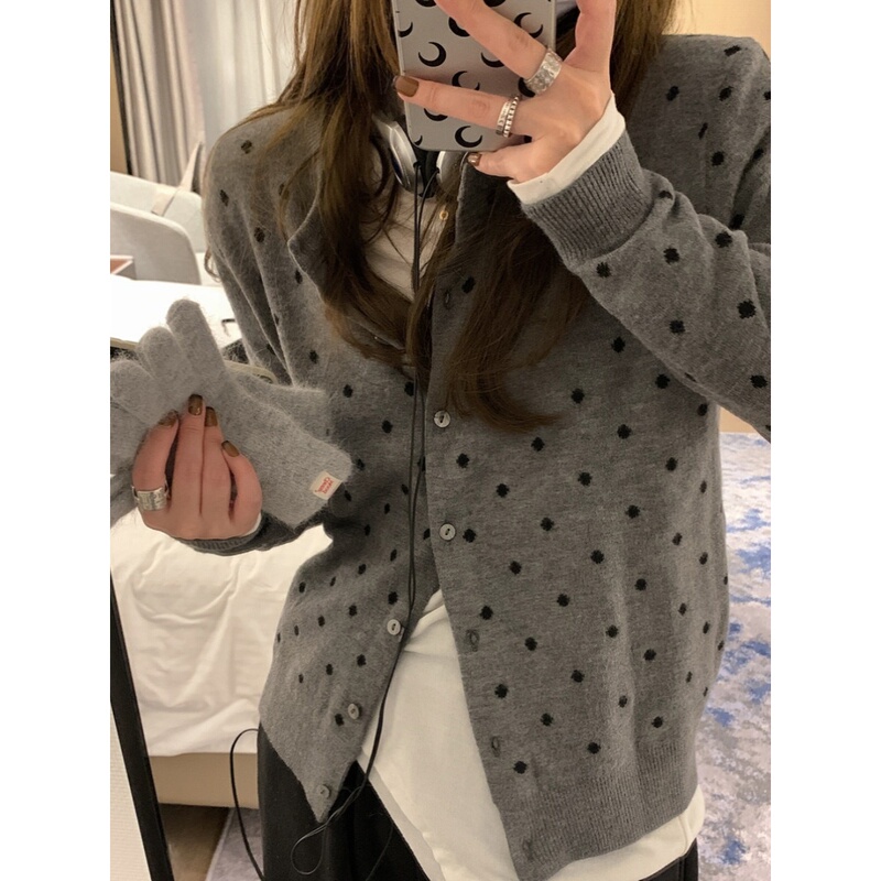 Polka Dot Color-Blocked Knitted Cardigan for Women, Spring and Autumn Chic Korean Style Single-Breasted Round Neck Top, Cotton Fleece Sweater Jacket