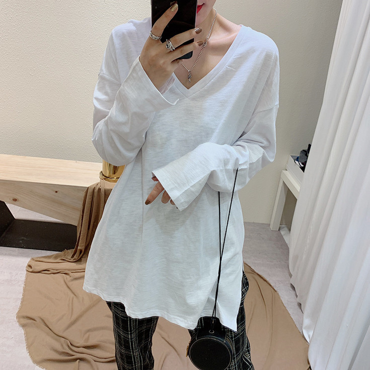 Inside hitch undershirt Bamboo knots cotton V collar 2022 Early spring new Long sleeves T-shirt Women in the middle long version of the blouses