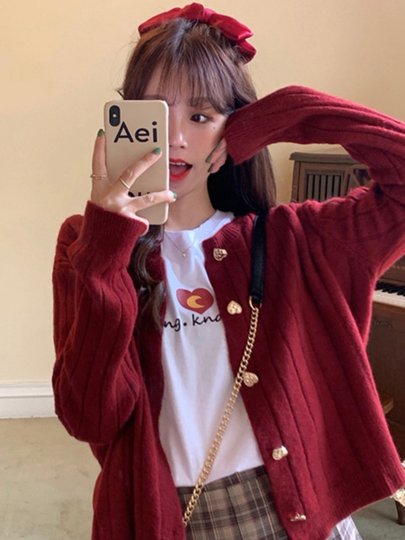 红色针织衫开衫外套女2025年外搭短款毛衣宽松外穿早春秋冬季上衣