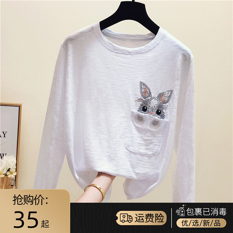 Spring and autumn tops girl 2023 new European cargo with loose cotton white T-shirt embroidery
