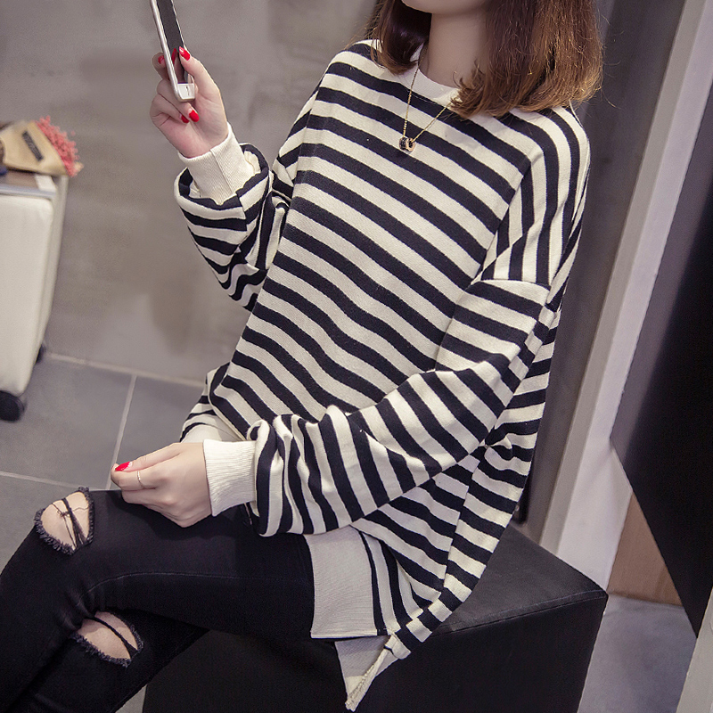 2022 Spring autumn winter new loose large size stripe thickened thick cotton T 100 hitch pure cotton long sleeve T-shirt woman