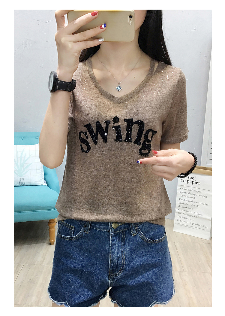 Áo thun nữ tay ngắn 2018 hè mới phiên bản Hàn Quốc của áo thun cổ chữ V cẩn thận từ bi siêu băng lụa tơ tằm áo phông gucci nữ