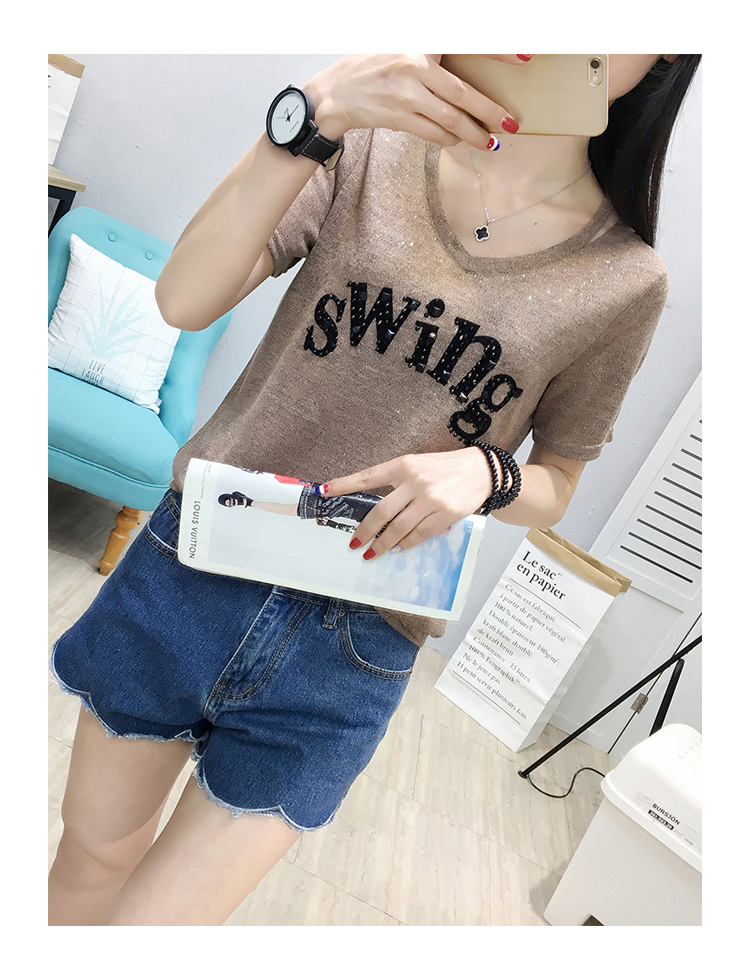 Áo thun nữ tay ngắn 2018 hè mới phiên bản Hàn Quốc của áo thun cổ chữ V cẩn thận từ bi siêu băng lụa tơ tằm áo phông gucci nữ