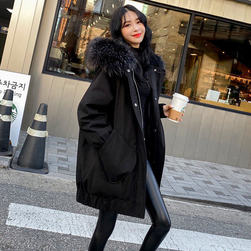 2021 New black white duck duvet feather feather loose and thin large size winter Han - edition big hair coat