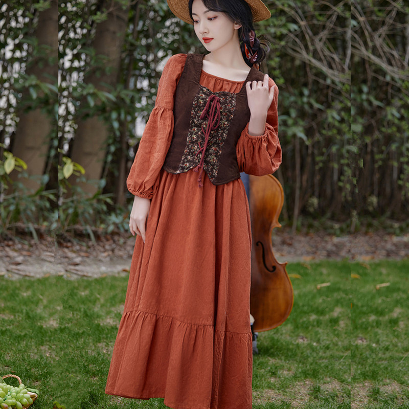 Su Qianchun French Court-Style Vintage Jacquard Cotton High-Waisted Dress with Waist-Cinching Slimming Vest and Pastoral Two-Piece Set