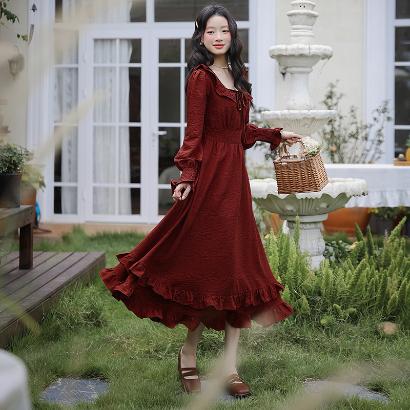Su Qianmu Yan Red Vintage Palace-Style Long-Sleeve Dress for Women, 2025 Autumn French Casual Waist-Cinching Long Dress