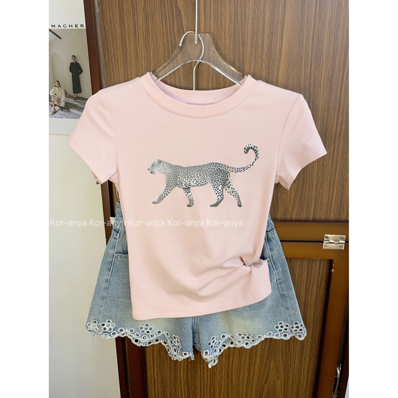 Kor-Anya Sweet Style Pink Short-Sleeved T-Shirt for Women in Summer, Pure Desire Slim Fit Hot Girl Short Top