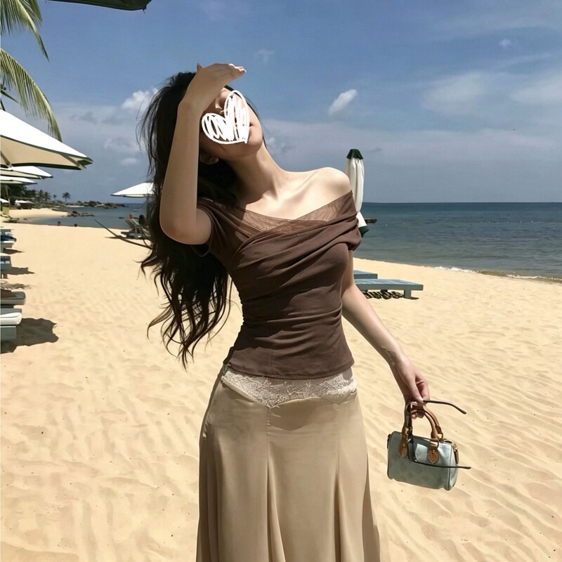2026 Summer Fashion Short Vest for Women French Cross Design Sensual Slim Fit Mesh Short Sleeve Top