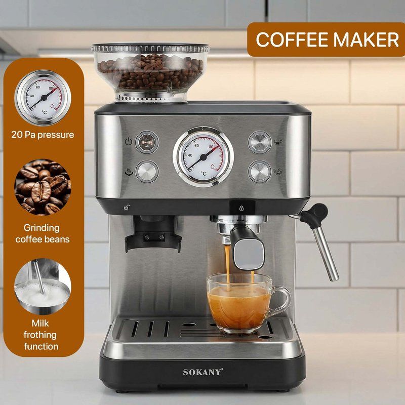 1.6L Fully Automatic Espresso Machine with Integrated Grinding and Milk Frothing, 20 Bar Steam Pressure