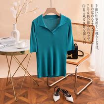 Summer new Korean version of retro beads cool thin short sleeve T-shirt knitted polo shirt short v collar design sense high waist