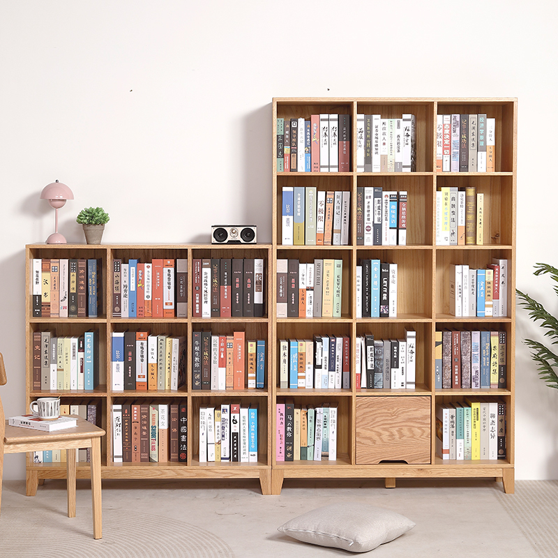 Solid Wood Bookshelf Combination, All Red Oak Storage Rack, Bookcase, Simple High Open-Style Natural Wood, Full Wall Coverage