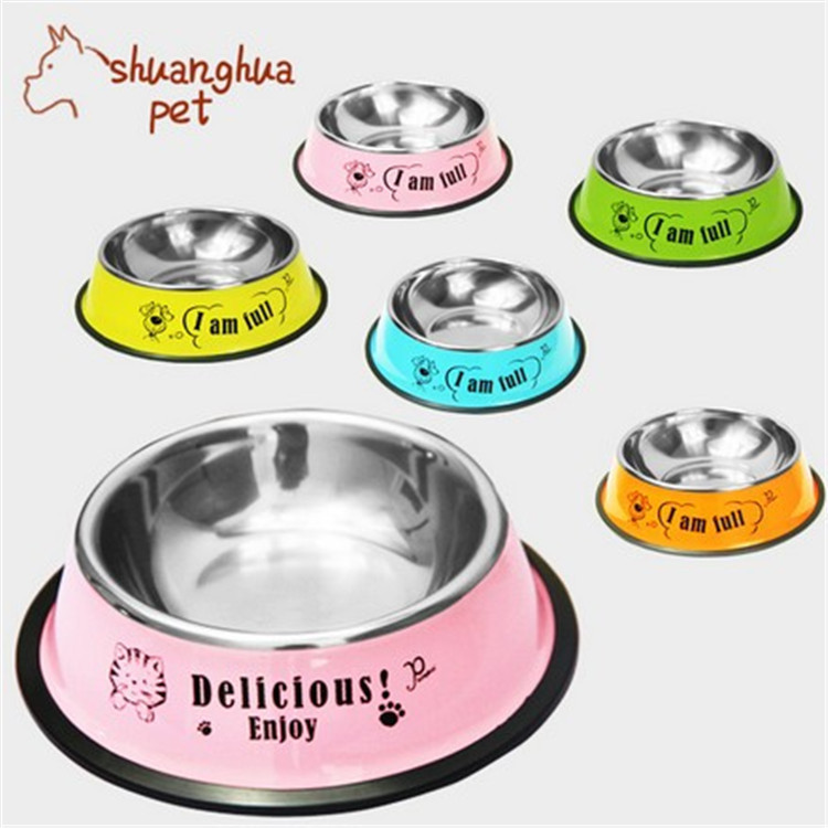 Five colors optional color anti-slip stainless steel bowls Puppy cat Cat Cat Delicacy Bowl Printed Bowl with Flower Bowl Single Bowl