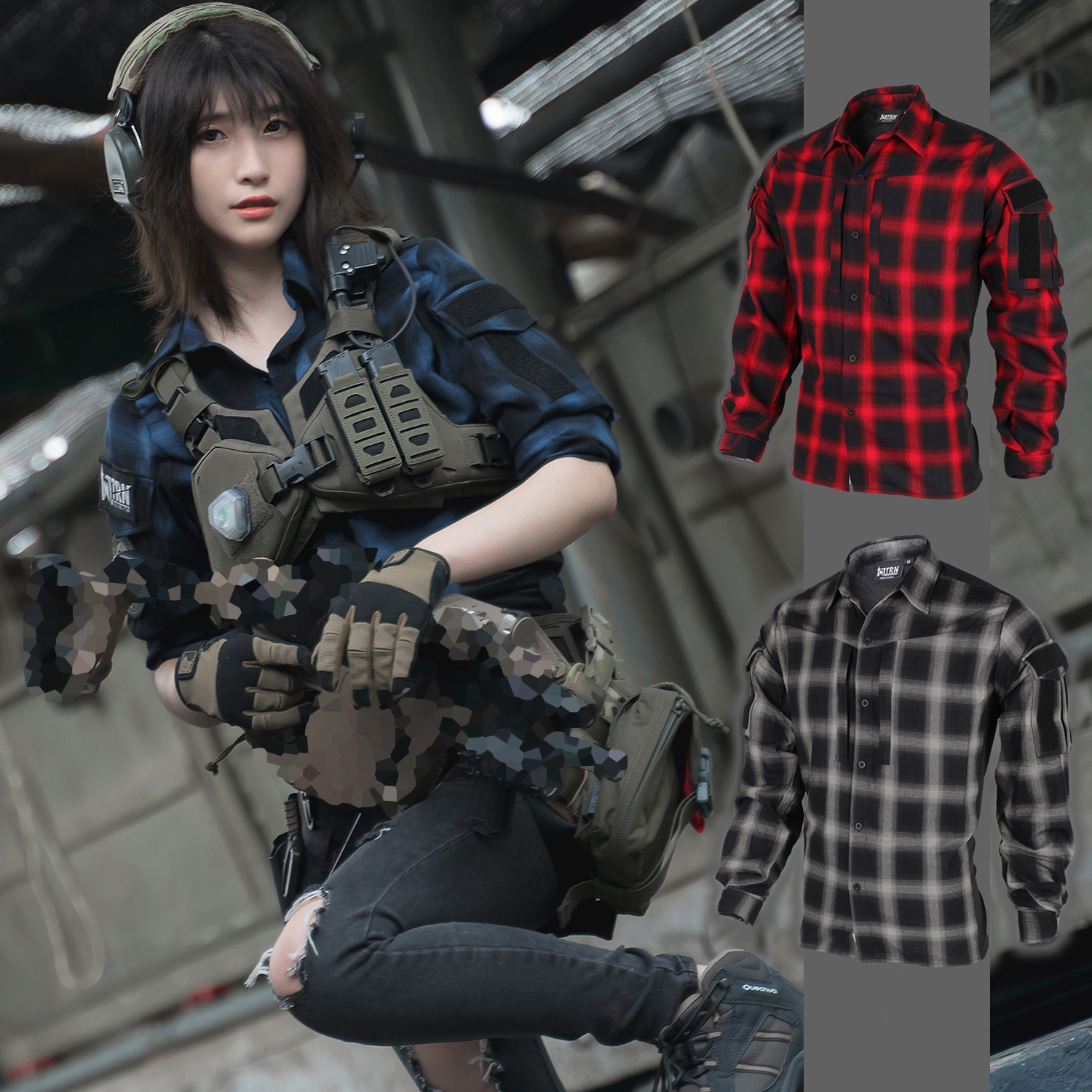 TRN's BAC Black Gray Industrial Commuter Tactics Plaid Shirt Tops Spring/Summer Thin