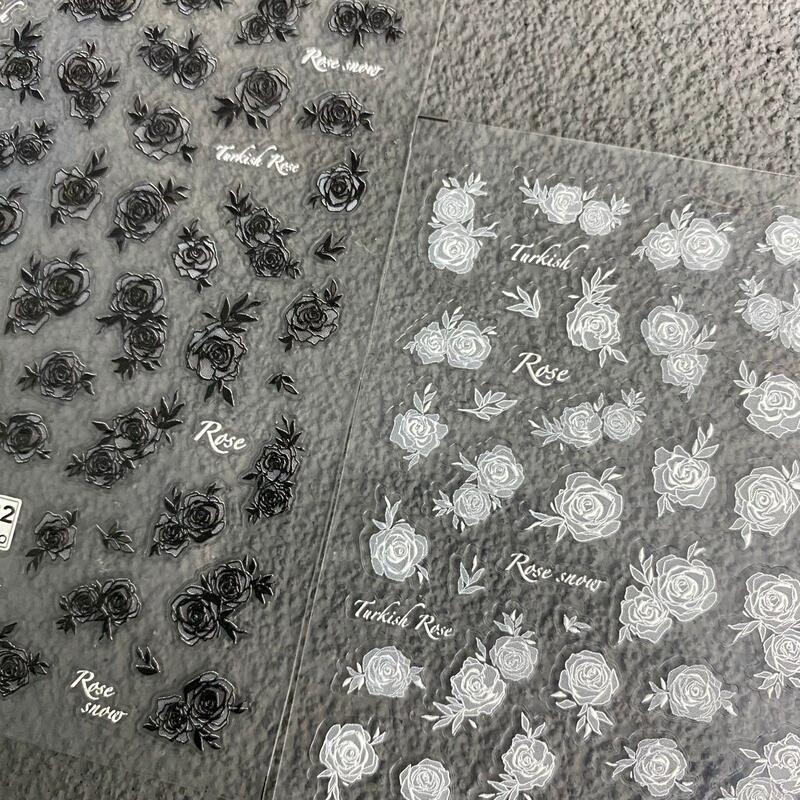 Black and White Semi-Transparent Black and White Rose Flower Embossed Nail Art Stickers Ink Wash Retro Blooming Flower Nail Decoration Stickers