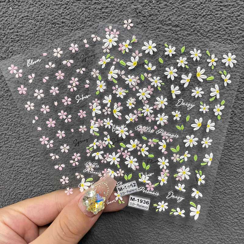 New Daisy Nail Stickers Spring Floral Oil Painting Embossed Three-Dimensional Flower Nail Decoration Small Pattern Decals
