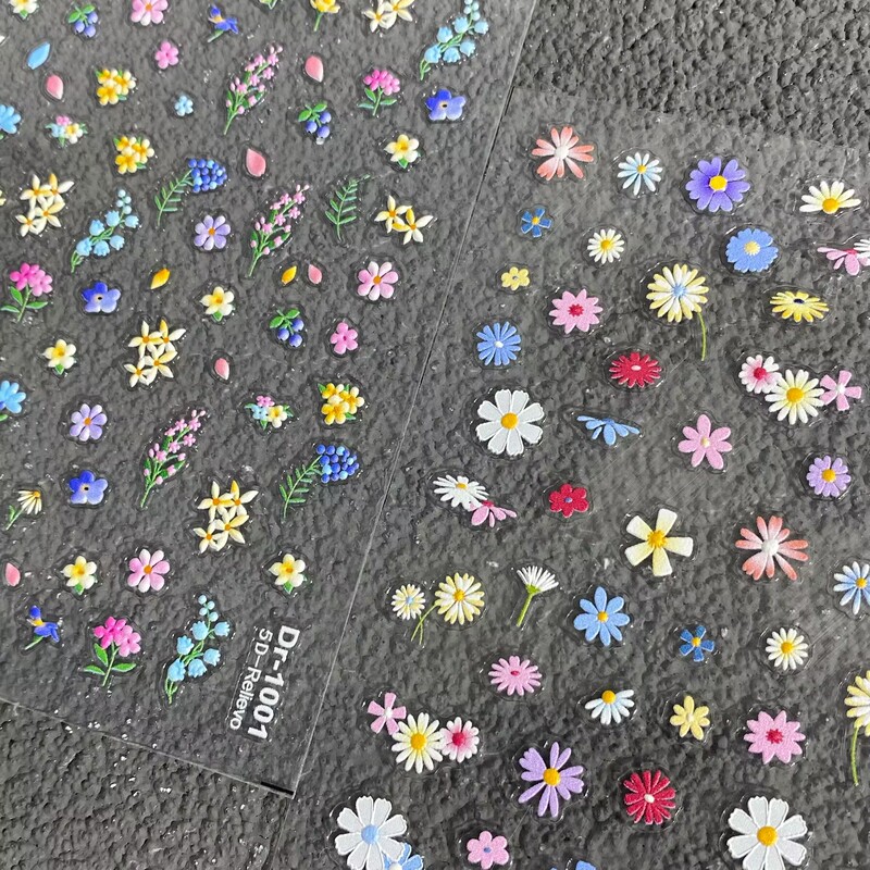 Spring Fresh Oil Painting Wildflowers Daisies Small Floral Embossed Nail Stickers Waterproof Adhesive Nail Decoration Stickers
