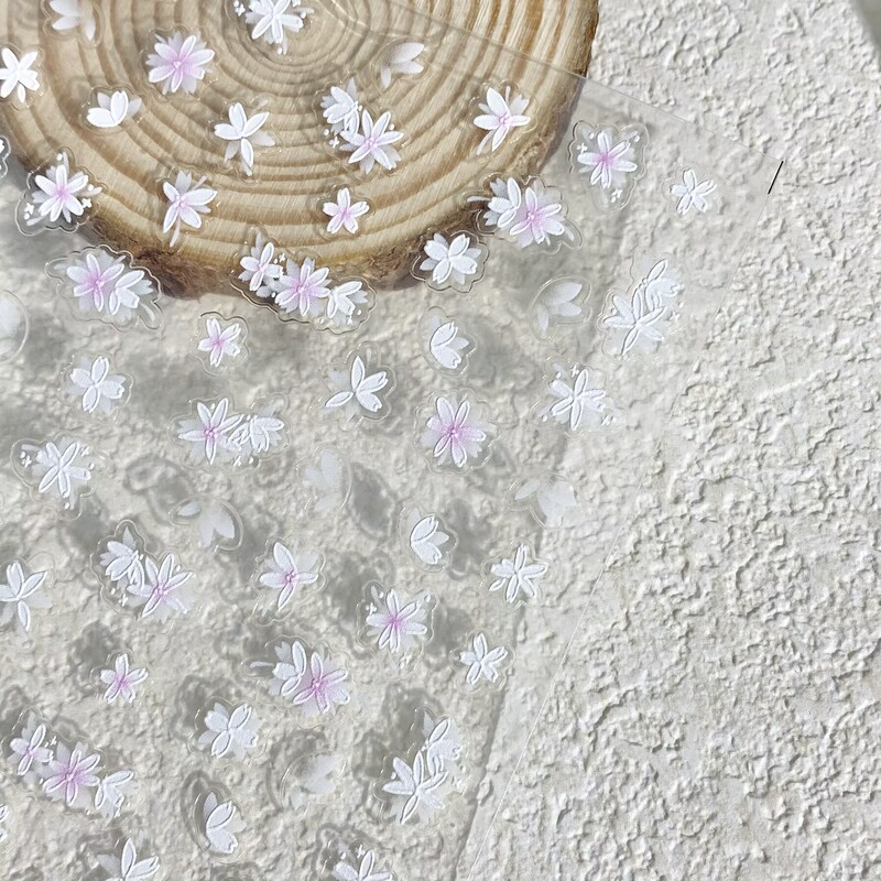 Spring Romantic Light Pink Cherry Blossom Embossed Nail Art Stickers 3D Pink Flowers Waterproof Adhesive Nail Decoration Stickers