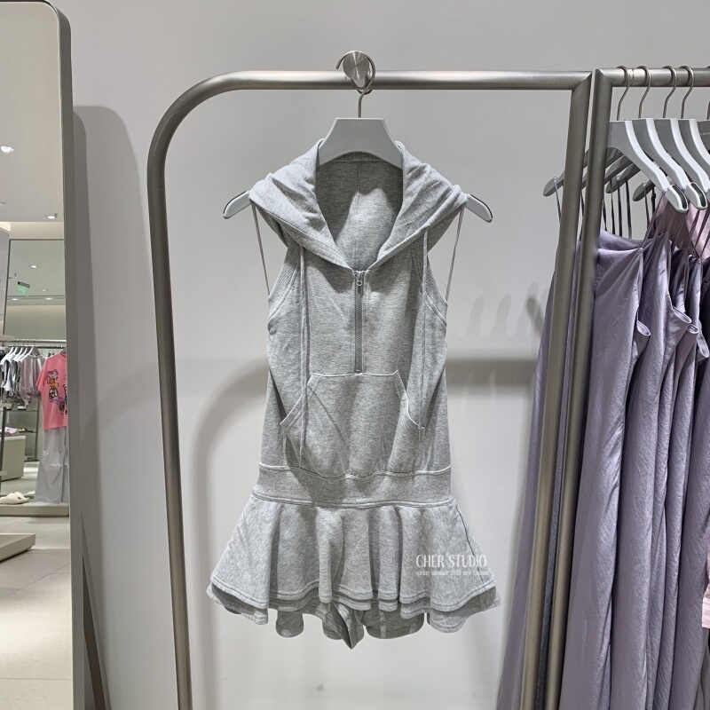 Urbfhm Short Skirt 2026 Summer New Design Gray Backless Hooded Drawstring Sleeveless Dress Double-Layer Skirt
