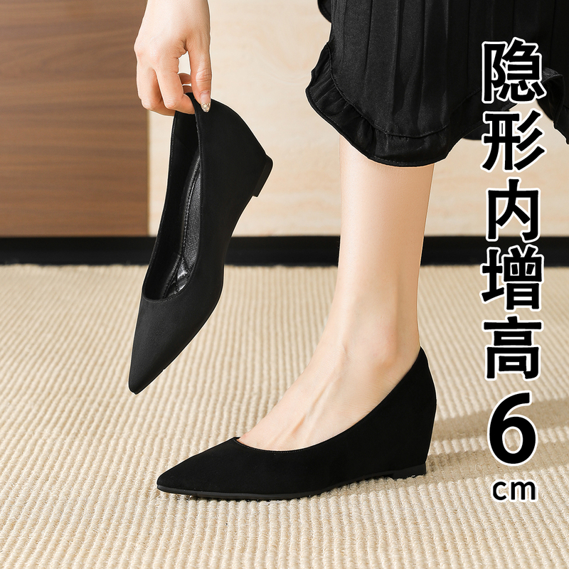 Black Pointed Suede Wedge Shoes for Women 2026 Professional Soft-Soled Work Shoes New Versatile Work Shoes with Hidden Height Increase Black Pointed Suede Wedge Shoes for Women 2026 Professional Soft-Soled Work Shoes New Versatile Work Shoes with Hidden Height Increase