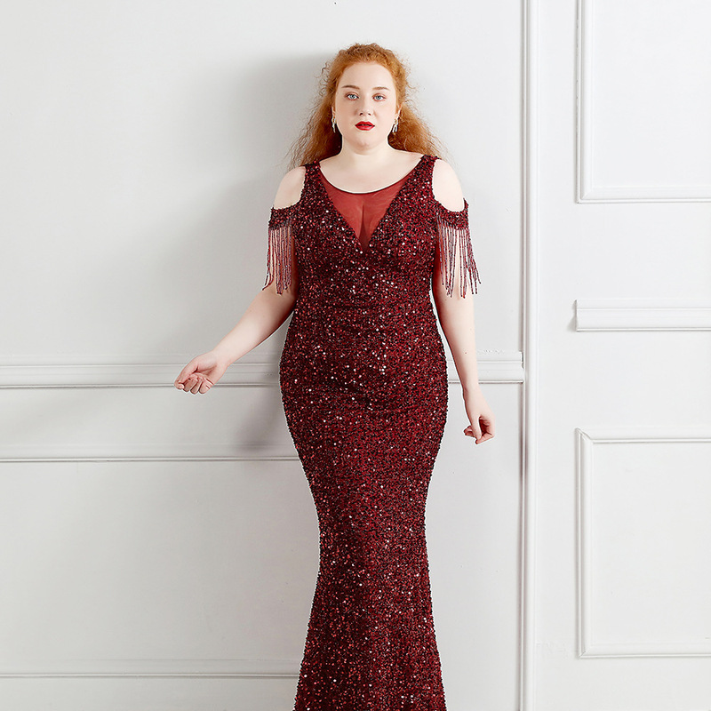 Plus-Size Bride's Toast Dress, Evening Gown, Feminine and Dignified, V-Neck, Backless, Off-Shoulder, Beaded, Tassel, Sequin Dress Plus-Size Bride's Toast Dress, Evening Gown, Feminine and Dignified, V-Neck, Backless, Off-Shoulder, Beaded, Tassel, Sequin Dress