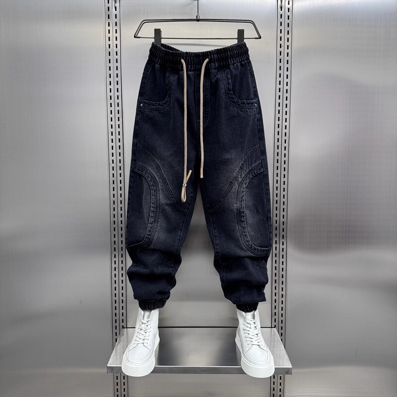 Spring and Autumn Men's Loose-Fitting Jogger Jeans, Youth Fashion Trendy Brand Elastic Waist Drawstring Cargo Pants, Harem Long Pants
