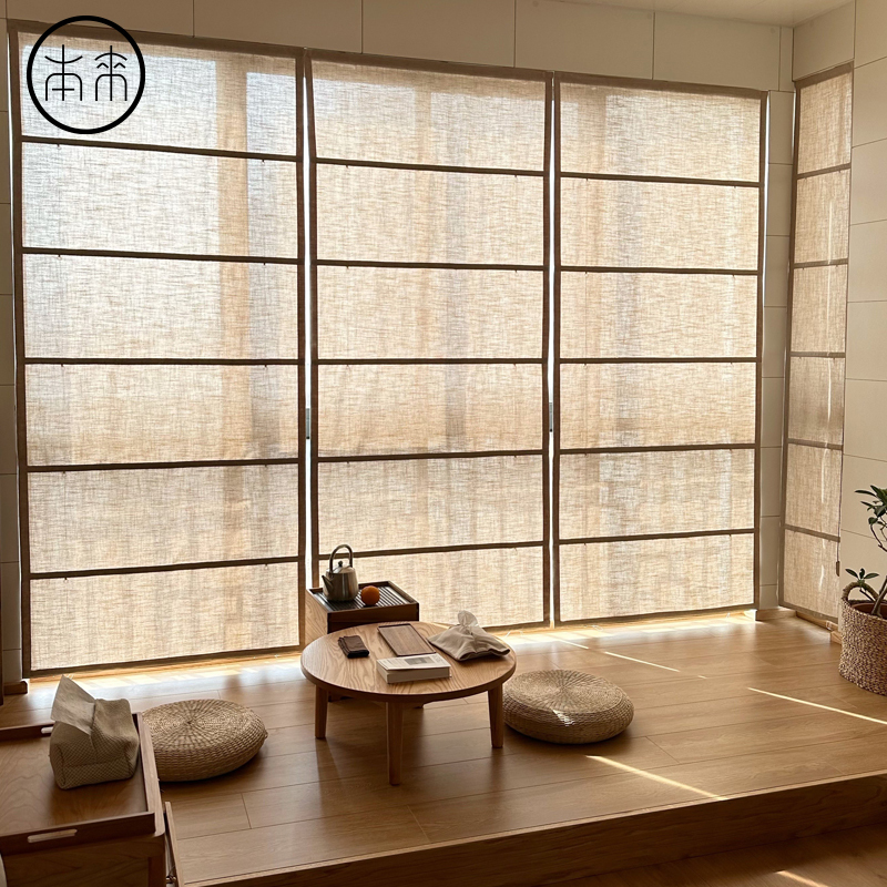 Japanese-Style Linen Roman Blinds, Adjustable Blinds, Tea Room Roller Blinds, Homestay Natural Wood Style Curtains, Balcony Living Room Decorative Folding Blinds
