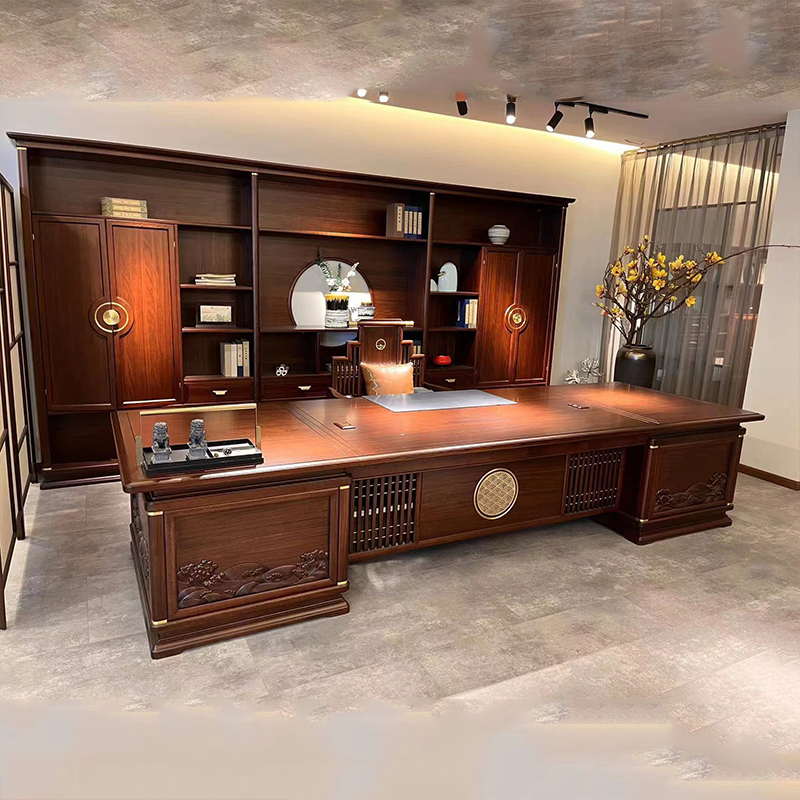 New Chinese-Style Crabapple Wood Executive Desk, Large Desk, Ceo Solid Wood Office Desk and Chair Set, Chairman's Office Furniture