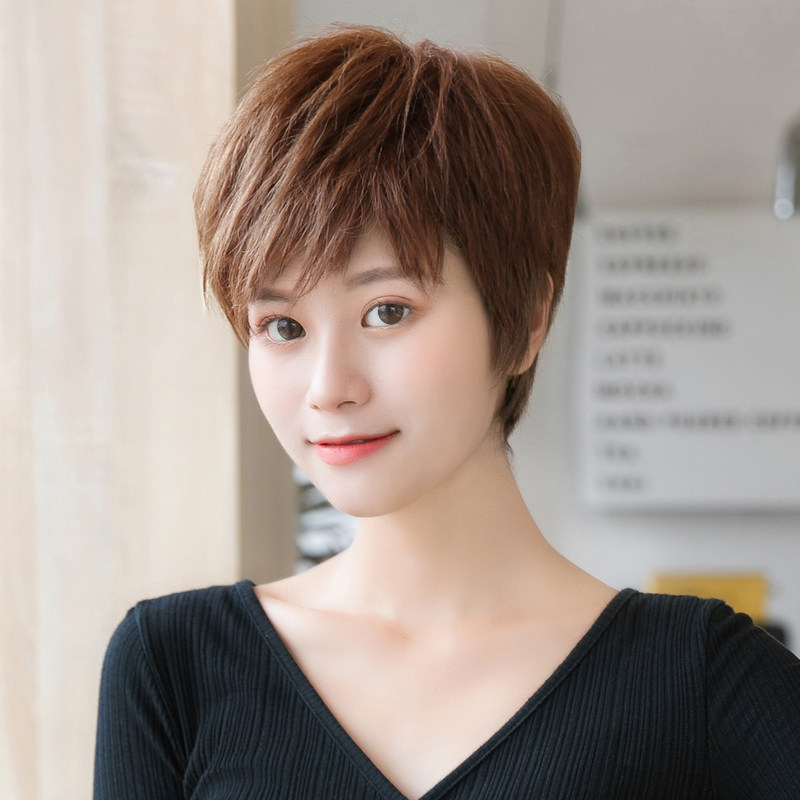 Wig Woman Short Hair Total Headgear Internet Red Collarbone Hair Cute Handsome NEUTRAL HANDLOOM Genuine Hair Style type Dingfa V27