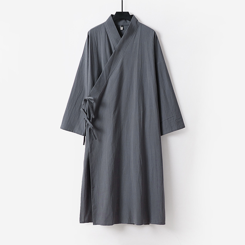 Cotton and Linen Large Size Extra-Long Robe, Chinese Style Retro Hanfu Nightgown, Tie-Up Kimono, Sauna Bathrobe, Unisex All-Season Robe