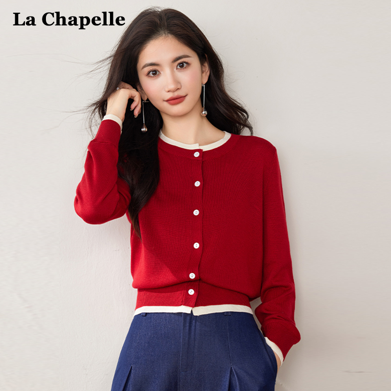 La Chapelle Red Knitted Cardigan Long-Sleeve 2026 Spring and Autumn New Style Fake Two-Piece Round Neck Top Base Sweater