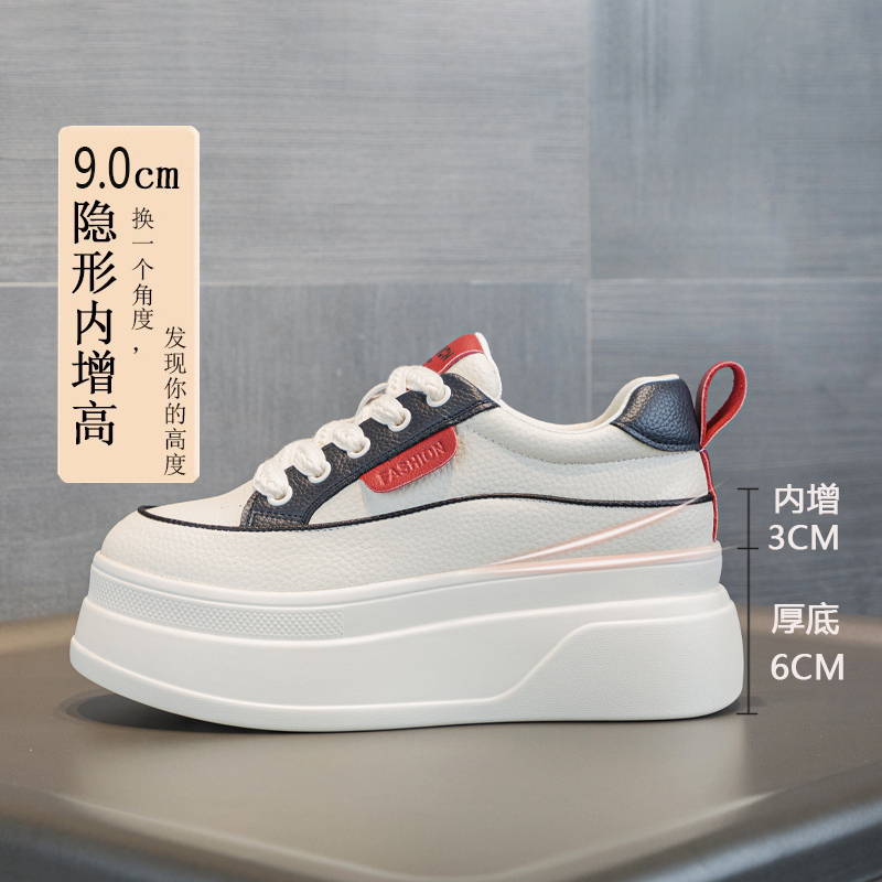 2026 Spring New Genuine Leather Height-Increasing White Sneakers for Women 9cm Thick Sole Spring and Autumn Breathable Casual Sports Shoes