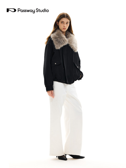 Passway Studio Large Fur Collar Double Patch Pocket Jacket Cotton-Padded Autumn and Winter Workwear Short Style Thick Coat