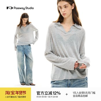 Passway Studio Seagull Collar Long Sleeve Knitted Sweater Blouse for Women Versatile Casual Base Layer Top