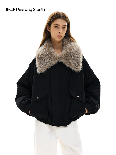 Passway Studio Large Fur Collar Double Patch Pocket Jacket Cotton-Padded Autumn and Winter Workwear Short Style Thick Coat