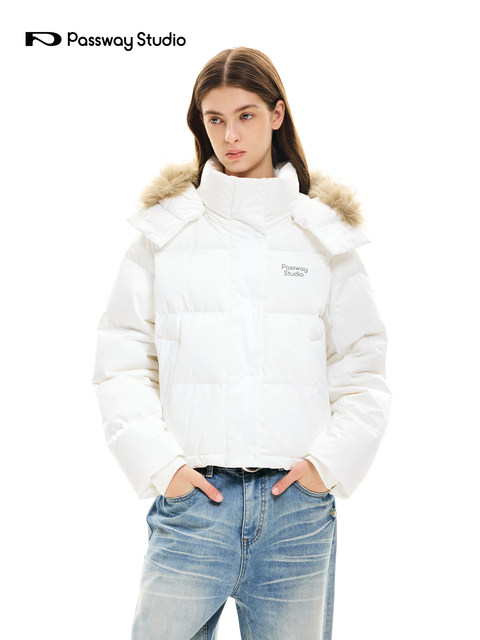 Passway Studio Detachable Hat Fur Collar down Jacket Winter Short Hooded 90 White Duck down