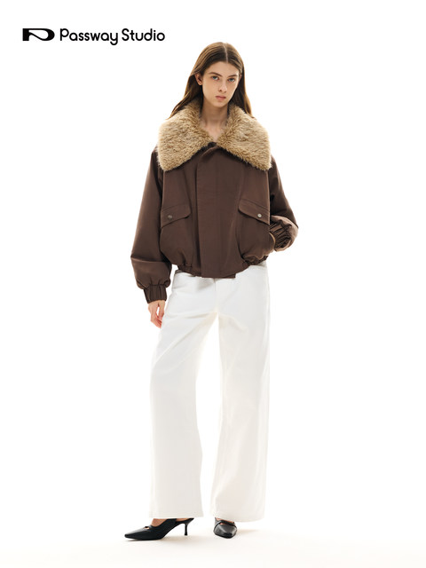 Passway Studio Large Fur Collar Double Patch Pocket Jacket Cotton-Padded Autumn and Winter Workwear Short Style Thick Coat