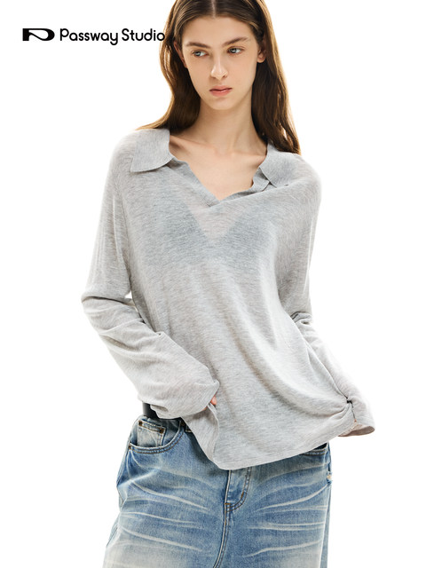 Passway Studio Seagull Collar Long Sleeve Knitted Sweater Blouse for Women Versatile Casual Base Layer Top
